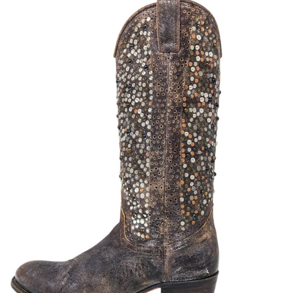 Frye Silver and Brown Heeled Boots with Studded Embellishments
